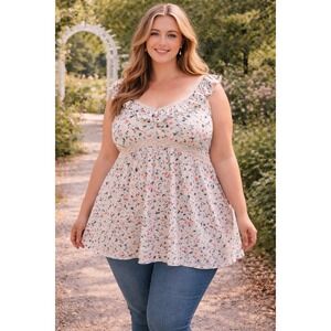 Abstract Print Y2K Ruffle Lace Trim Babydoll Empire Waist Top Pink 2